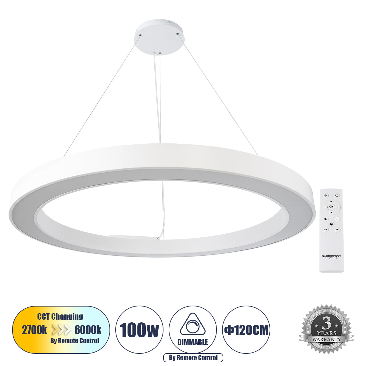 RA 61199 Κρεμαστό Φωτιστικό Δαχτυλίδι-Κύκλος LED CCT 100W 11020lm 120° AC 220-240V - Εναλλαγή Φωτισμού μέσω Τηλεχειριστηρίου All In One Ψυχρό 6000k+Φυσικό 4500k+Θερμό 2700k Dimmable Φ120cm - Λευκό