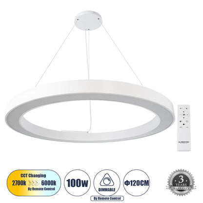 RA 61199 Κρεμαστό Φωτιστικό Δαχτυλίδι-Κύκλος LED CCT 100W 11020lm 120° AC 220-240V - Εναλλαγή Φωτισμού μέσω Τηλεχειριστηρίου All In One Ψυχρό 6000k+Φυσικό 4500k+Θερμό 2700k Dimmable Φ120cm - Λευκό