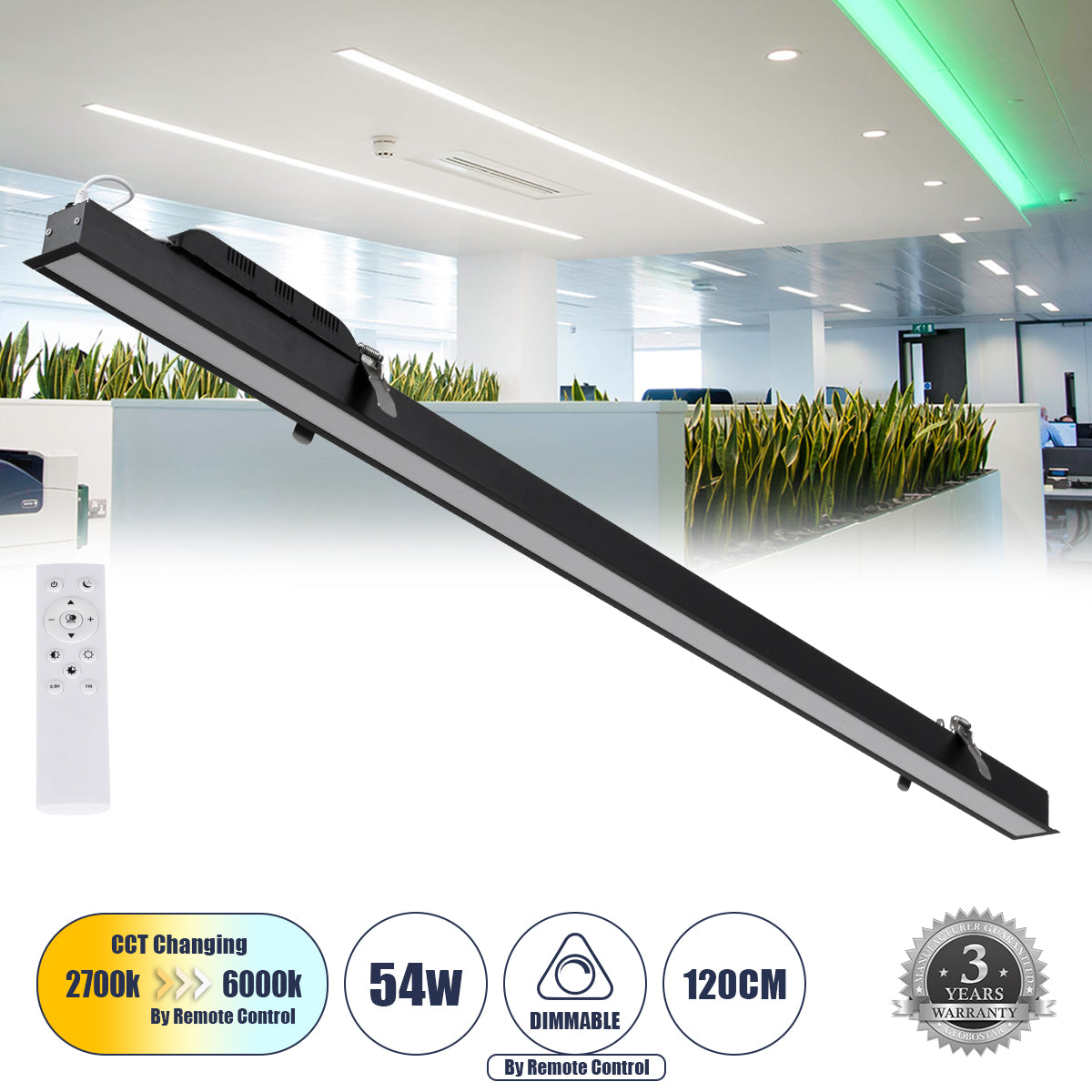 LUCA 61032 Γραμμικό Χωνευτό Φωτιστικό Linear LED CCT 54W 6500lm 120° AC 220-240V Μ121.5 x Π5 x Υ4cm - Εναλλαγή Φωτισμού μέσω Τηλεχειριστηρίου All In One Ψυχρό 6000k+Φυσικό 4500k+Θερμό 2700k Dimmable - Μαύρο