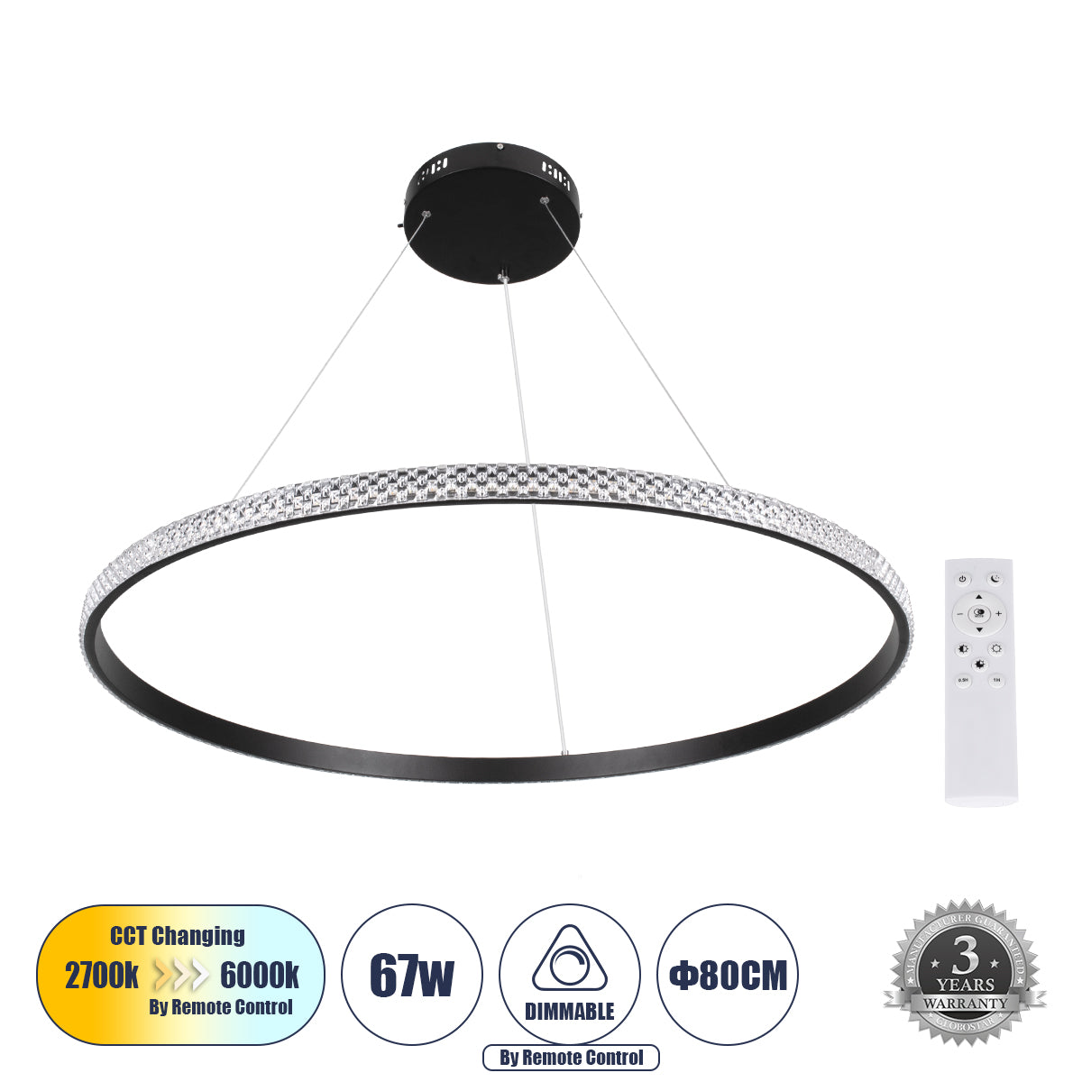 DIAMOND 61132 Κρεμαστό Φωτιστικό Δαχτυλίδι-Κύκλος LED CCT 67W 7689lm 360° AC 220-240V - Εναλλαγή Φωτισμού μέσω Τηλεχειριστηρίου All In One Ψυχρό 6000k+Φυσικό 4500k+Θερμό 2700k Dimmable Φ80cm - Μαύρο