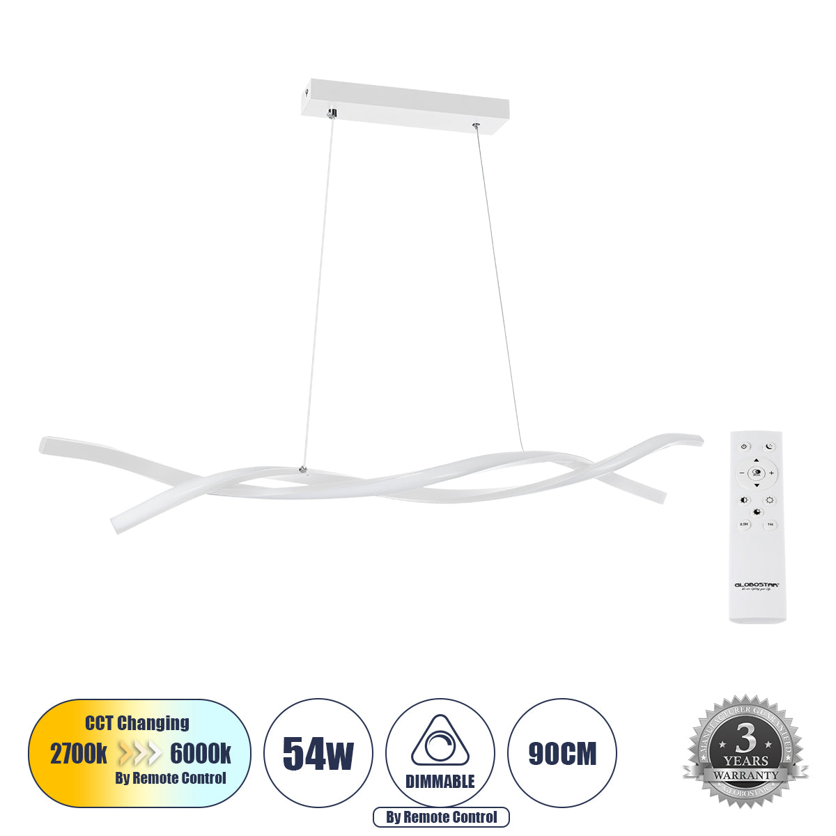 MORALES 61276 Κρεμαστό Φωτιστικό Οροφής Design LED CCT 54W 6048lm 200° AC 220-240V - Εναλλαγή Φωτισμού μέσω Τηλεχειριστηρίου All In One Ψυχρό 6000k+Φυσικό 4500k+Θερμό 2700k Dimmable Μ90 x Π14 x Υ14cm - Λευκό