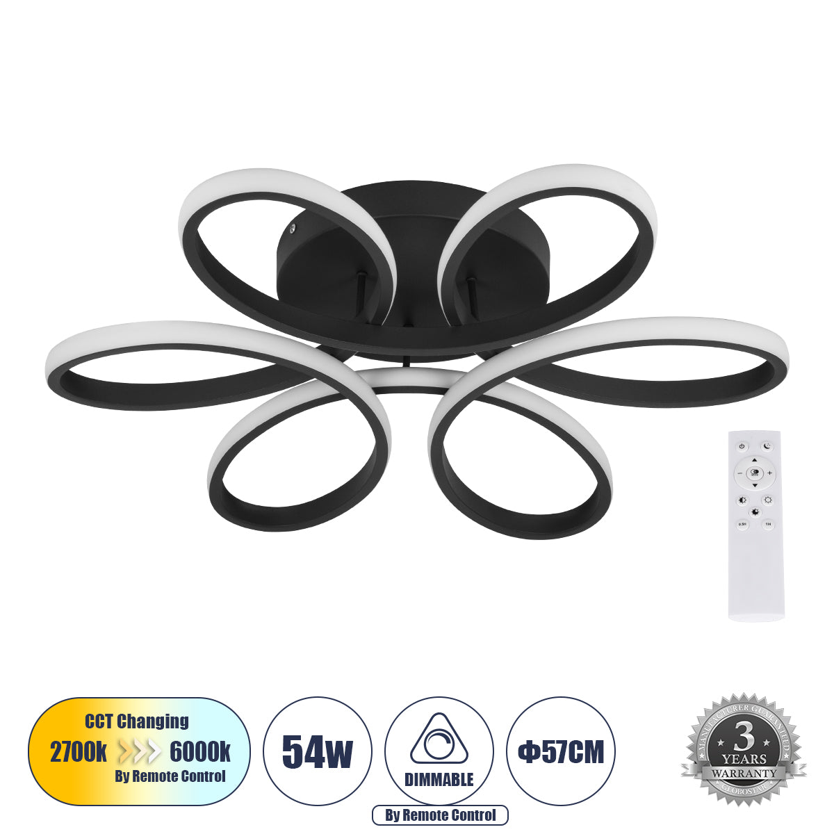 MARGARET 61400 Μοντέρνο Κρεμαστό Φωτιστικό Οροφής LED 54W 6210lm 360° AC 220-240V IP20 Ρυθμιζόμενο Λευκό CCT με Χειριστήριο από 2700K έως 6000K Dimmable - Lumileds SMD Chip - Μαύρο Ματ - Μ57 x Π57 x Υ12cm