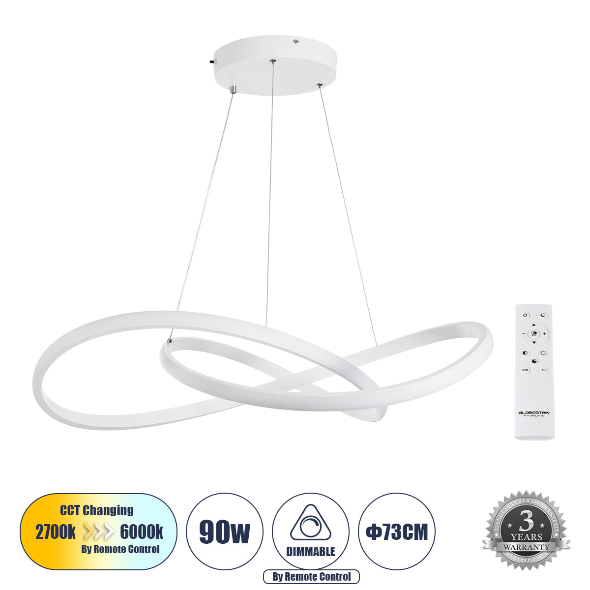 DEXTER 60914 Κρεμαστό Φωτιστικό Οροφής Design LED CCT 90W 10080lm 300° AC 220-240V - Εναλλαγή Φωτισμού μέσω Τηλεχειριστηρίου All In One Ψυχρό 6000k+Φυσικό 4500k+Θερμό 2700k Dimmable Φ73cm - Λευκό