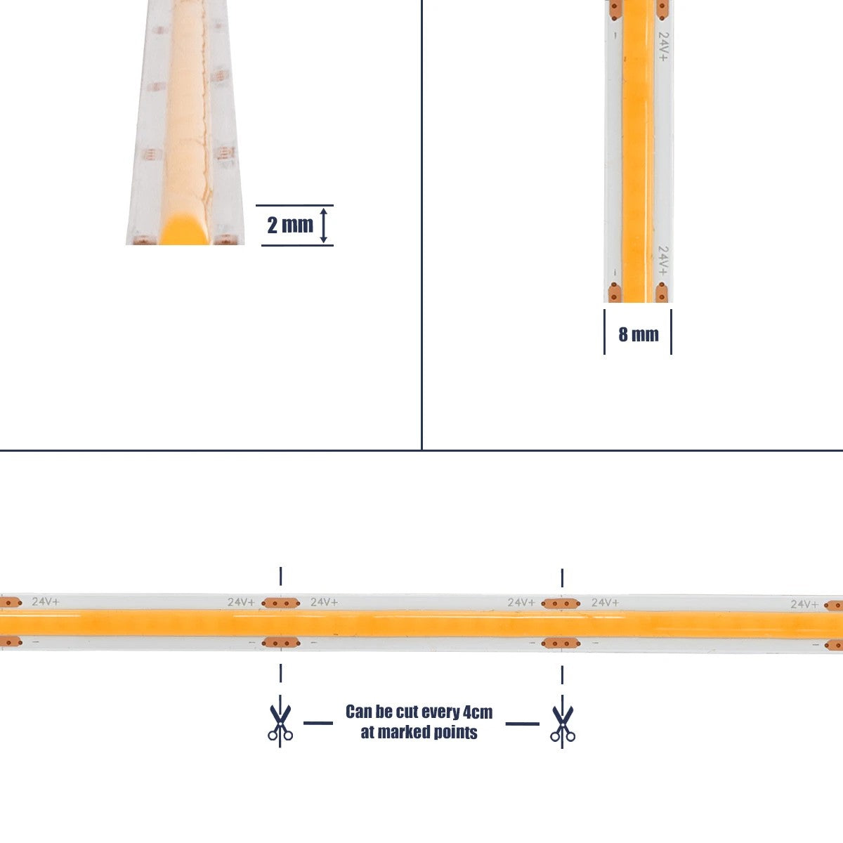 BEE 70362 Ταινία LED 8W/m 640lm/m 120° DC 24V IP20 320 x COB Chip/m Ultra Θερμό Λευκό 2200K Dimmable - Sanan COB Chip - Μ500 x Π0.8 x Υ0.2cm - Ρολό 5 Μέτρων