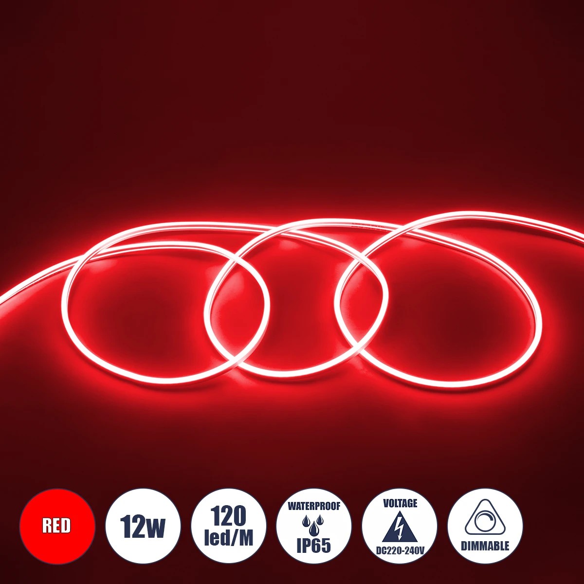 NEOVALE 70573 Ταινία Neon Flex LED 12W/m 600lm/m 120° DC 220-240V Αδιάβροχο IP65 120 x SMD2835 Chip/m Κόκκινο Dimmable - Sanan SMD Chip - Μ100 x Π0.8 x Υ1.6