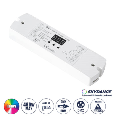 70668 D4-L SKYDANCE DC DMX & RDM Dimmer High Speed Controller / Decoder 4 Καναλιών DC 12-24V 4 x 5A 120W - Max 20.5A 480W - IP20 Μ17 x Π5 x Υ2.5cm