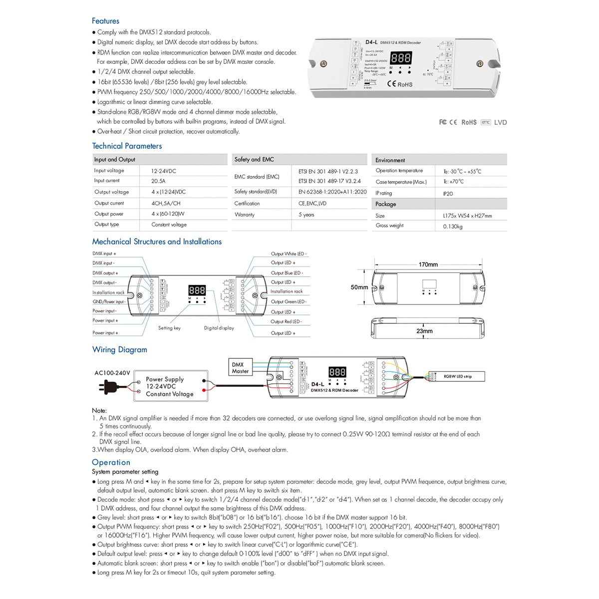 70668 D4-L SKYDANCE DC DMX & RDM Dimmer High Speed Controller / Decoder 4 Καναλιών DC 12-24V 4 x 5A 120W - Max 20.5A 480W - IP20 Μ17 x Π5 x Υ2.5cm