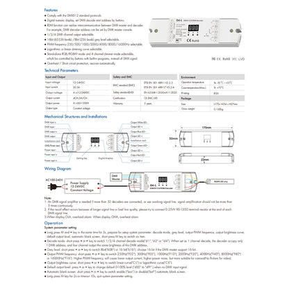 70668 D4-L SKYDANCE DC DMX & RDM Dimmer High Speed Controller / Decoder 4 Καναλιών DC 12-24V 4 x 5A 120W - Max 20.5A 480W - IP20 Μ17 x Π5 x Υ2.5cm