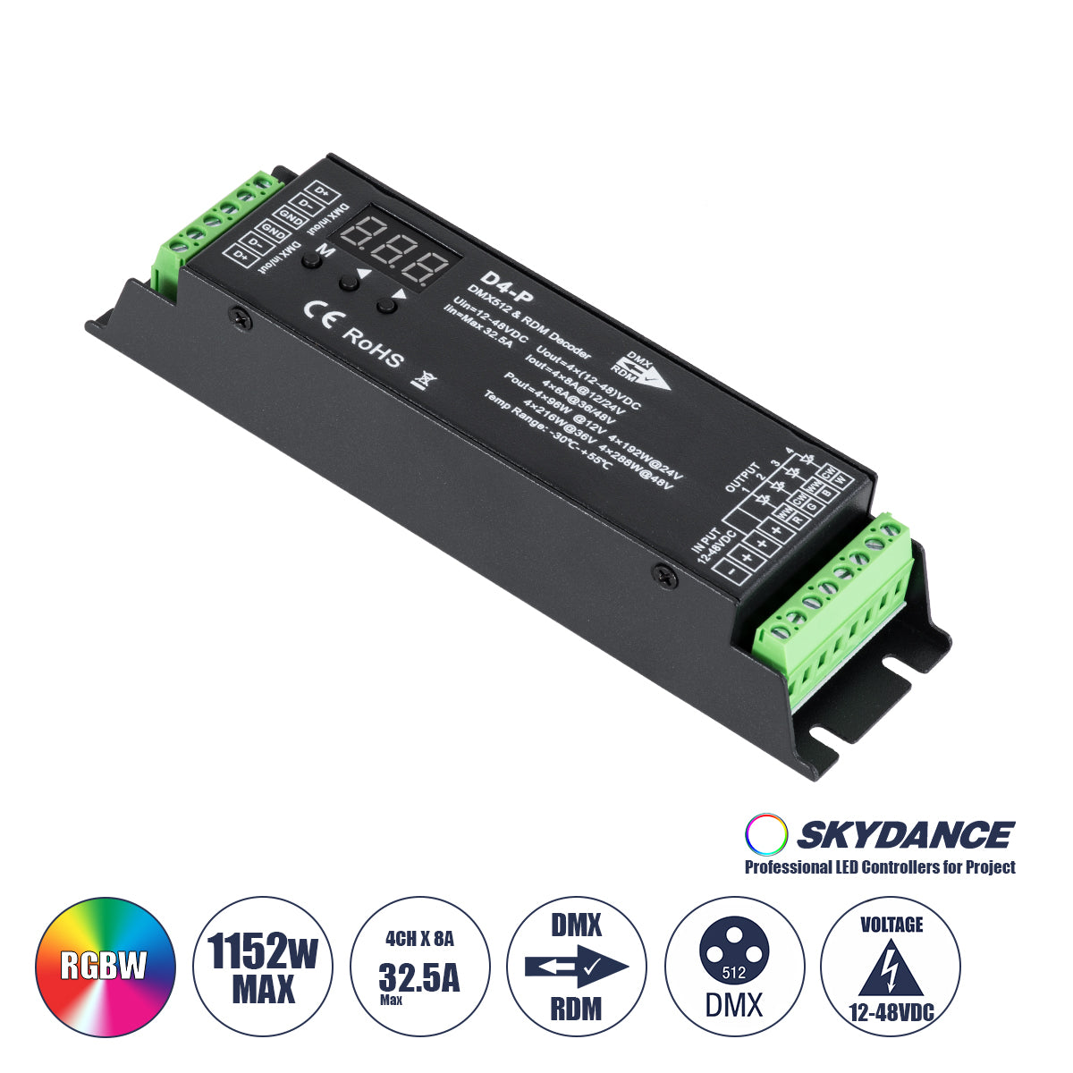 70669 D4-P SKYDANCE DC DMX & RDM Dimmer High Speed Controller / Decoder 4 Καναλιών DC 12-48V 4 x 8A 384W - Max 32.5A 1152W - IP20 Μ17.5 x Π4.5 x Υ2.8cm