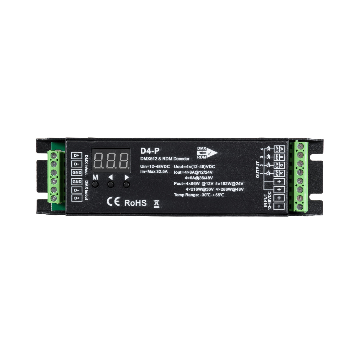 70669 D4-P SKYDANCE DC DMX & RDM Dimmer High Speed Controller / Decoder 4 Καναλιών DC 12-48V 4 x 8A 384W - Max 32.5A 1152W - IP20 Μ17.5 x Π4.5 x Υ2.8cm