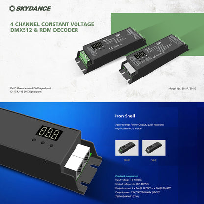 70669 D4-P SKYDANCE DC DMX & RDM Dimmer High Speed Controller / Decoder 4 Καναλιών DC 12-48V 4 x 8A 384W - Max 32.5A 1152W - IP20 Μ17.5 x Π4.5 x Υ2.8cm