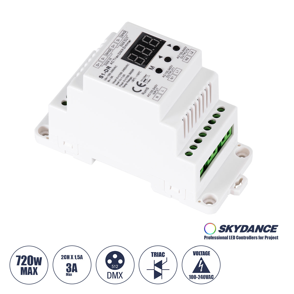 70670 S1-DR SKYDANCE AC Triac DMX Dimmer Din Rail Ράγας 2 Καναλιών AC 100-240V 2 x 1.5A 360W - Max 3A 720W - IP20 DMX512 Μ11.5 x Π5 x Υ6.5cm