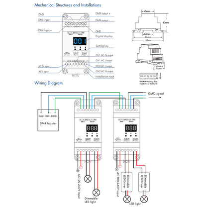 70670 S1-DR SKYDANCE AC Triac DMX Dimmer Din Rail Ράγας 2 Καναλιών AC 100-240V 2 x 1.5A 360W - Max 3A 720W - IP20 DMX512 Μ11.5 x Π5 x Υ6.5cm