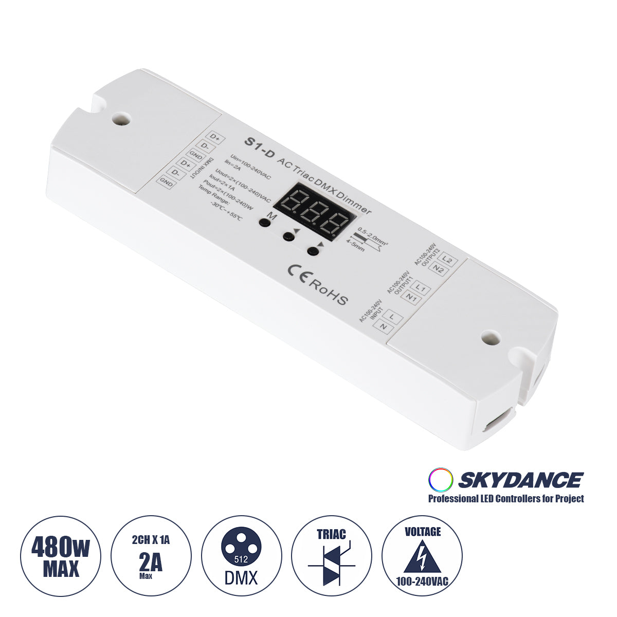 SKYDANCE-S1-D 70671 AC Trailing Edge DMX Dimmer με 2 x 1A 240W Κανάλια AC 220-240V 2A 480W Max IP20 - DMX512 & RDM - Μ16.7 x Π5 x Υ2.4