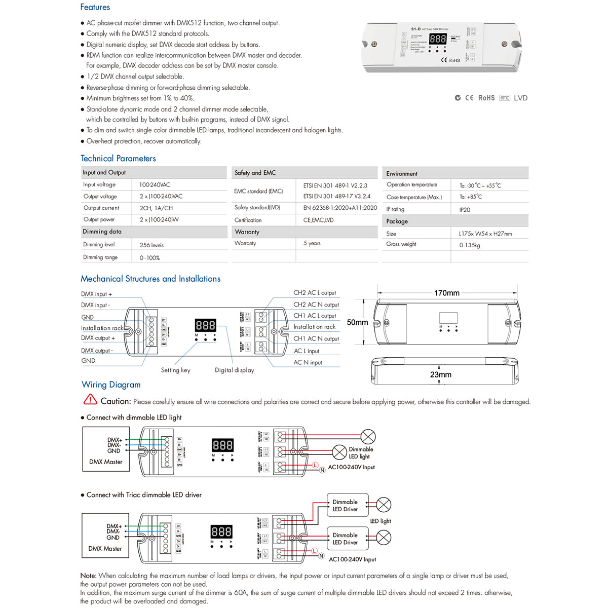SKYDANCE-S1-D 70671 AC Trailing Edge DMX Dimmer με 2 x 1A 240W Κανάλια AC 220-240V 2A 480W Max IP20 - DMX512 & RDM - Μ16.7 x Π5 x Υ2.4