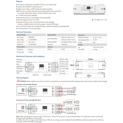 SKYDANCE-S1-D 70671 AC Trailing Edge DMX Dimmer με 2 x 1A 240W Κανάλια AC 220-240V 2A 480W Max IP20 - DMX512 & RDM - Μ16.7 x Π5 x Υ2.4