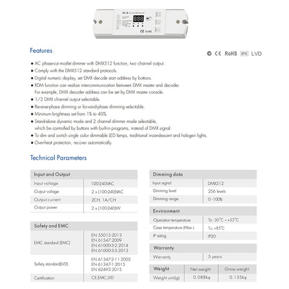 SKYDANCE-S1-D 70671 AC Trailing Edge DMX Dimmer με 2 x 1A 240W Κανάλια AC 220-240V 2A 480W Max IP20 - DMX512 & RDM - Μ16.7 x Π5 x Υ2.4
