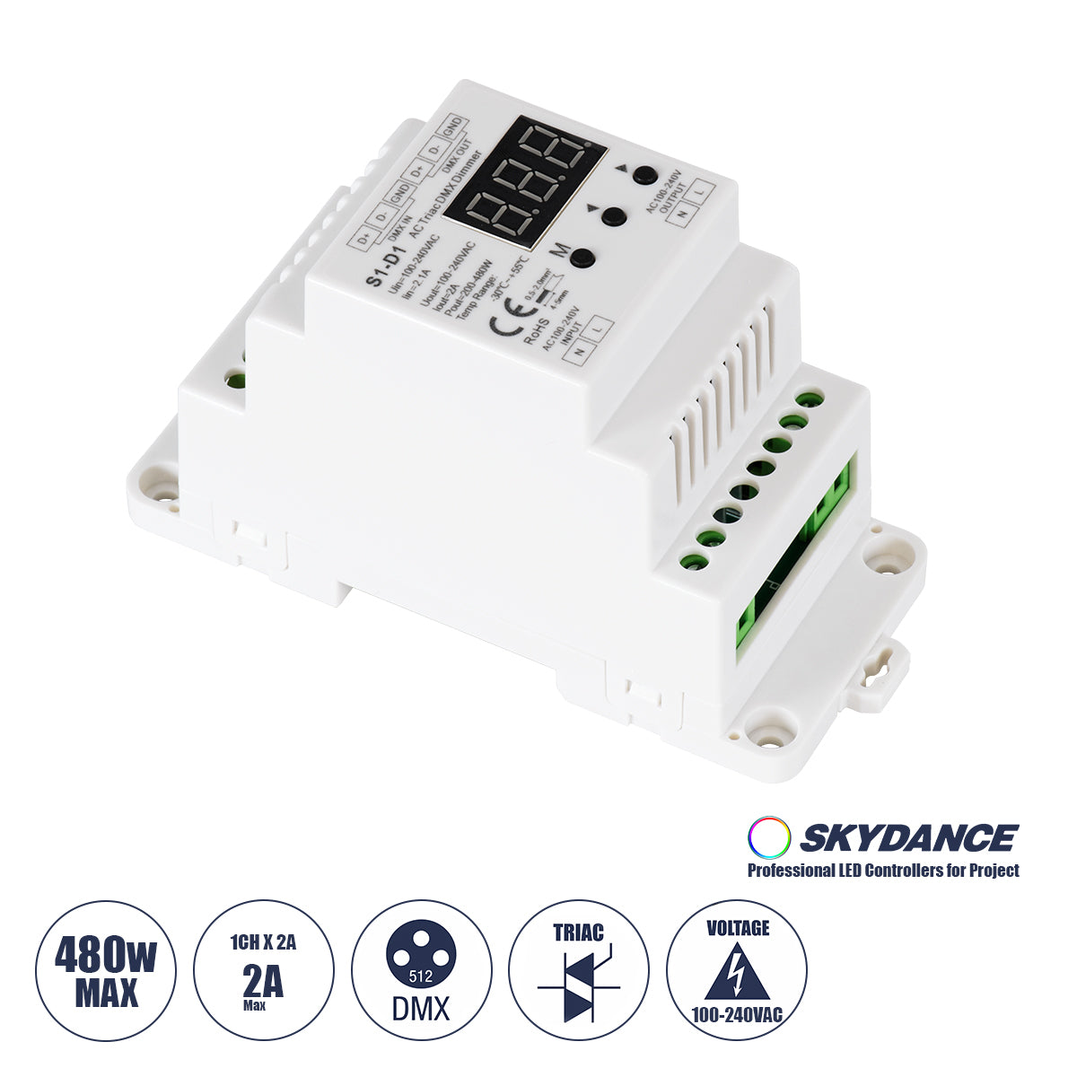 70672 S1-D1 SKYDANCE AC Triac DMX Dimmer Din Rail Ράγας 1 Καναλιού AC 100-240V 1 x 2A 480W - Max 2A 480W - IP20 DMX512 Μ11.5 x Π5 x Υ6.5cm