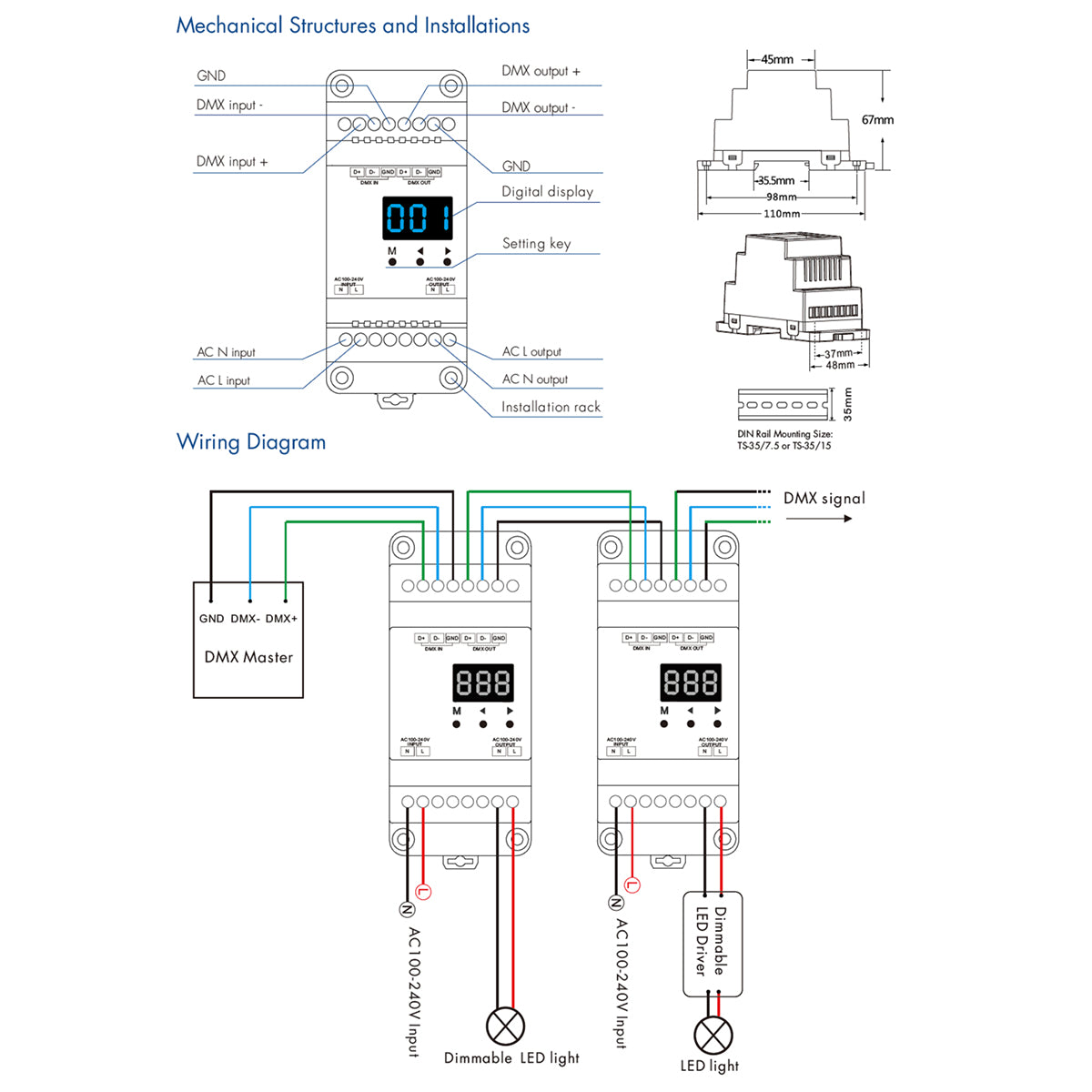 70672 S1-D1 SKYDANCE AC Triac DMX Dimmer Din Rail Ράγας 1 Καναλιού AC 100-240V 1 x 2A 480W - Max 2A 480W - IP20 DMX512 Μ11.5 x Π5 x Υ6.5cm