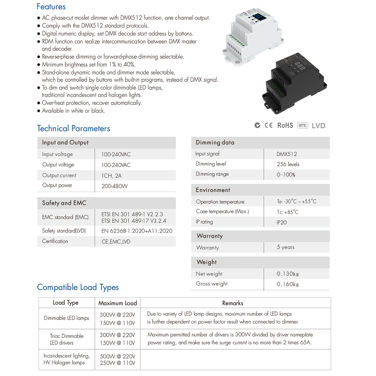 70672 S1-D1 SKYDANCE AC Triac DMX Dimmer Din Rail Ράγας 1 Καναλιού AC 100-240V 1 x 2A 480W - Max 2A 480W - IP20 DMX512 Μ11.5 x Π5 x Υ6.5cm