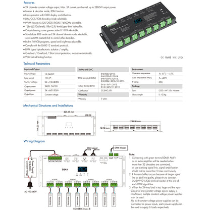 70673 D24A SKYDANCE DC DMX & RDM Dimmer High Speed Controller / Decoder / Master 24 Καναλιών DC 12-24V 24 x 3A 72W - Max 72.5A 1740W - IP20 DMX512 Μ16.7 x Π5 x Υ2.4cm