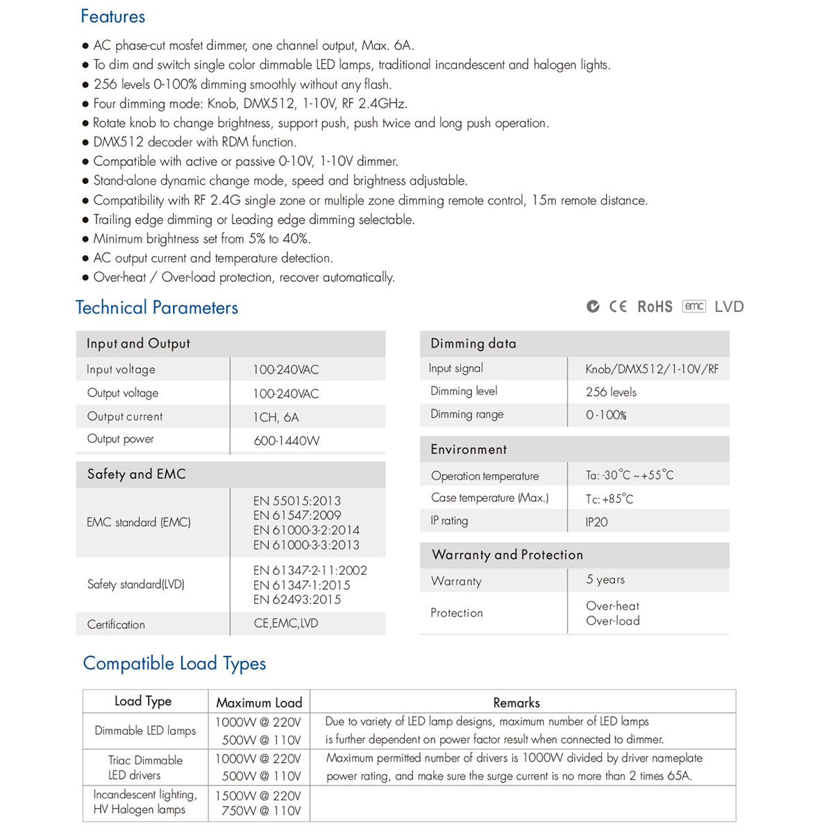 70674 SK1 SKYDANCE AC Triac DMX Dimmer Din Rail Ράγας 1 Καναλιού AC 100-240V 1 x 6A 1440W - Max 6A 1440W - IP20 DMX512 Μ16.8 x Π9.3 x Υ8cm