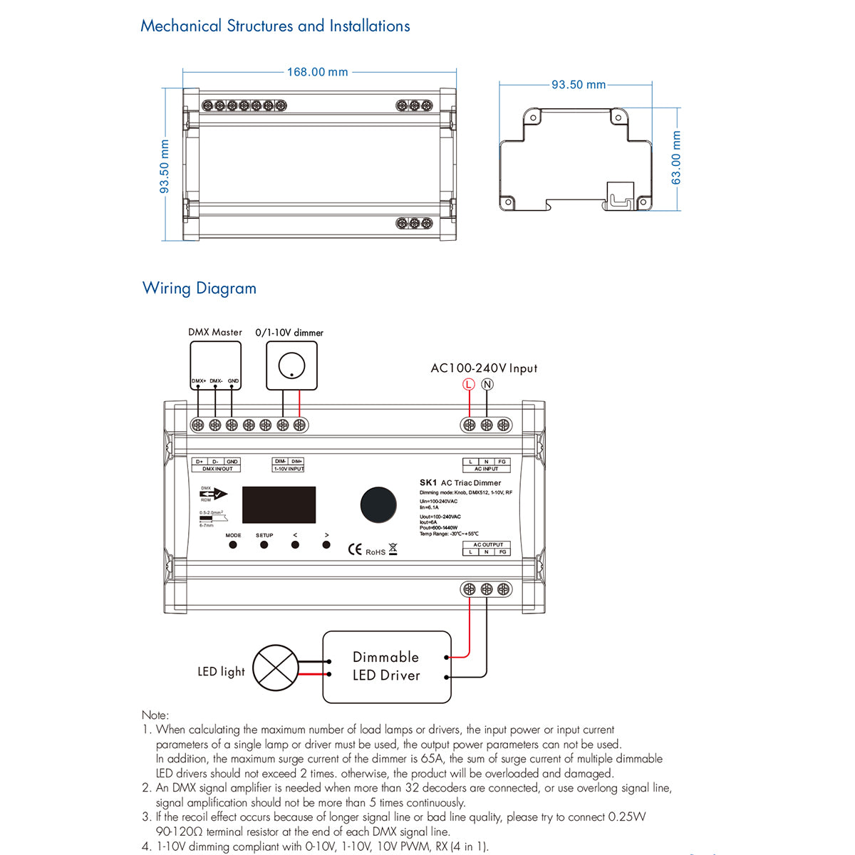 70674 SK1 SKYDANCE AC Triac DMX Dimmer Din Rail Ράγας 1 Καναλιού AC 100-240V 1 x 6A 1440W - Max 6A 1440W - IP20 DMX512 Μ16.8 x Π9.3 x Υ8cm