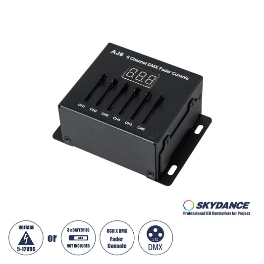 70675 AJ6 SKYDANCE DMX 6 Channel Fader Console - Κονσόλα Φωτισμού 6 Καναλιών DMX DC 5-12V ή 3 x AAA Μπαταρίες - IP20 Μ10 x Π7 x Υ4cm