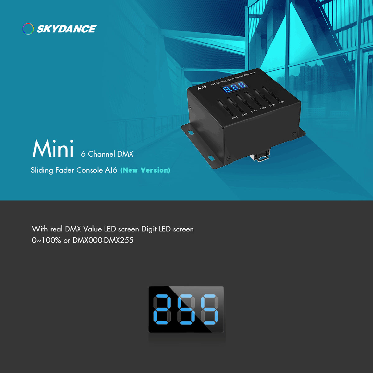 70675 AJ6 SKYDANCE DMX 6 Channel Fader Console - Κονσόλα Φωτισμού 6 Καναλιών DMX DC 5-12V ή 3 x AAA Μπαταρίες - IP20 Μ10 x Π7 x Υ4cm