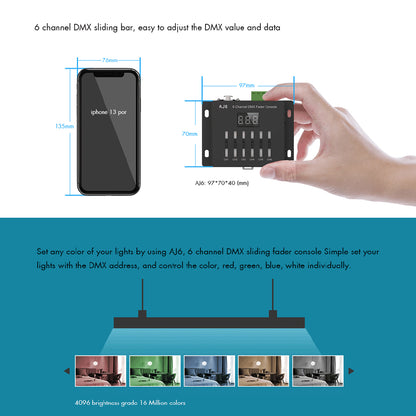 70675 AJ6 SKYDANCE DMX 6 Channel Fader Console - Κονσόλα Φωτισμού 6 Καναλιών DMX DC 5-12V ή 3 x AAA Μπαταρίες - IP20 Μ10 x Π7 x Υ4cm