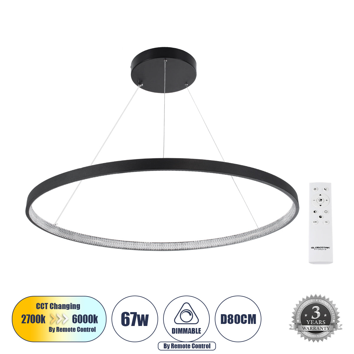 DIAMOND 61520 Κρεμαστό Φωτιστικό Δαχτυλίδι-Κύκλος LED CCT 67W 7504lm 360° AC 220-240V - Εναλλαγή Φωτισμού μέσω Τηλεχειριστηρίου All In One Ψυχρό 6000k+Φυσικό 4500k+Θερμό 2700k Dimmable Φ80cm - Μαύρο