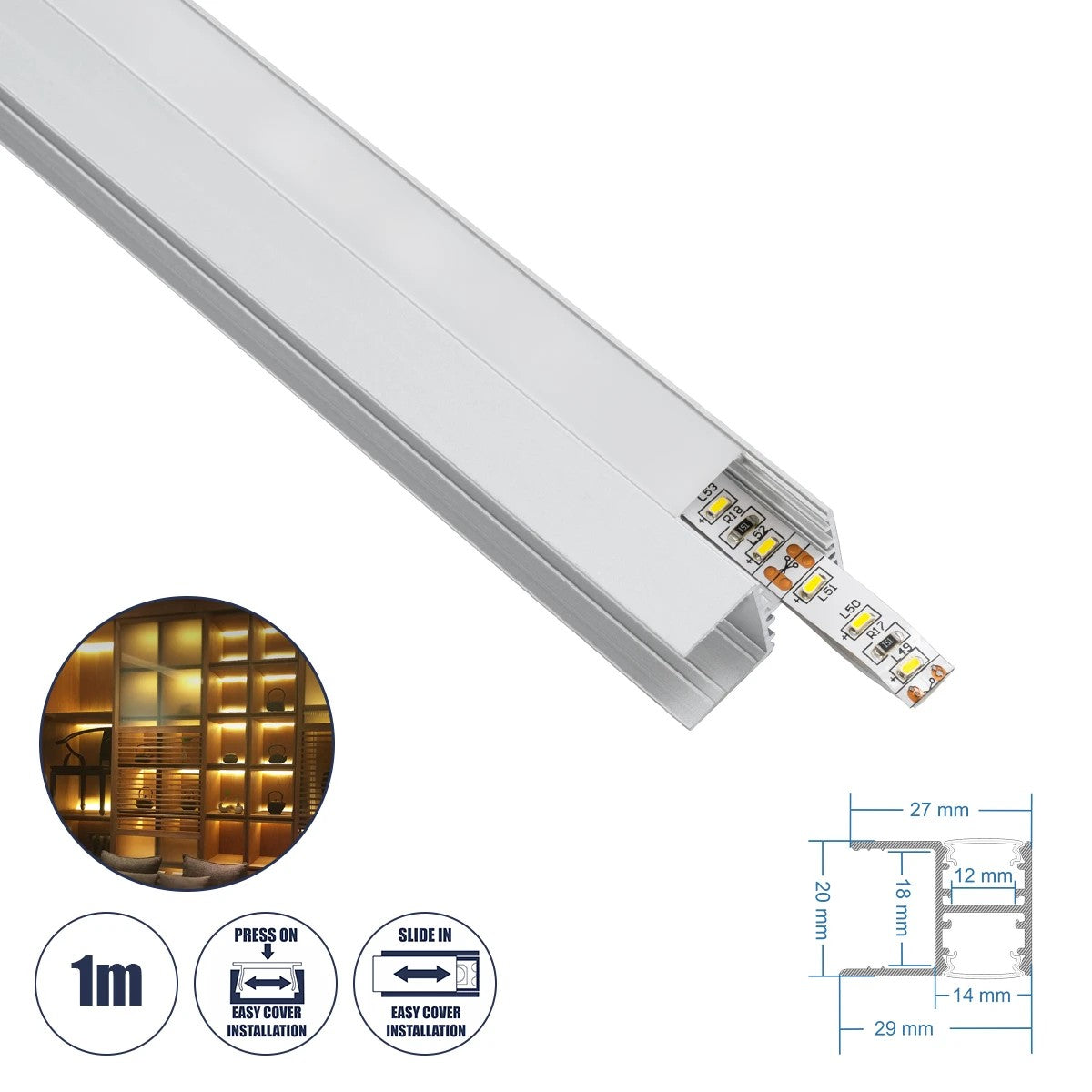 ALP-R-SHELF DODA 70814-1M Χωνευτό Προφίλ Αλουμινίου Ειδικό για Φωτισμό Ραφιού 18mm με Λευκό Γαλακτερό Πατητό Κάλυμμα για Ταινίες LED IP20 - Ασημί & Λευκό - Μ100 x Π1.5 x Υ2