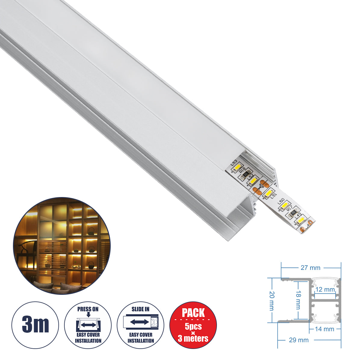 BOARD-PROFILE 70814-3M Προφίλ Αλουμινίου - Βάση & Ψύκτρα Ταινίας LED με Λευκό Γαλακτερό Κάλυμμα - Χρήση για Φωτισμού Ραφιού με Τοποθέτηση σε Ξύλο Πάχους 18mm - Πατητό Κάλυμμα - Ασημί - 3 Μέτρα - Πακέτο 5 Τεμαχίων - Μ300 x Π1.5 x Υ2cm