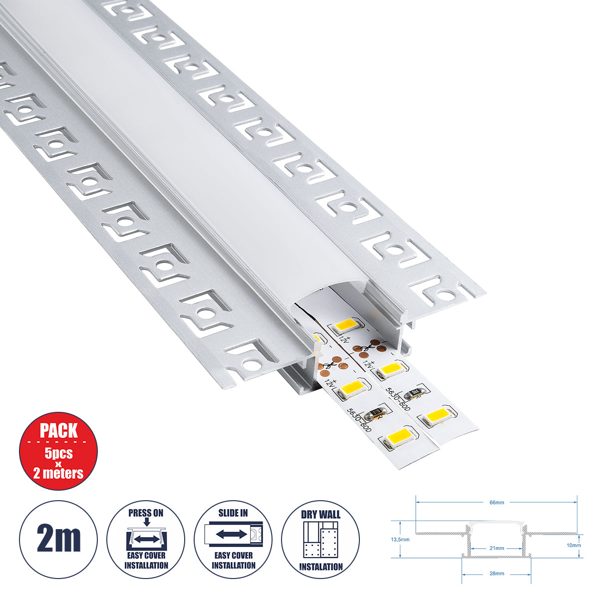 ALP-PLASTERIN GYPSO 70819-2M Χωνευτό Προφίλ Αλουμινίου Ειδικό για Γυψοσανίδα με Λευκό Γαλακτερό Πατητό Κάλυμμα για Ταινίες LED IP20 - Ασημί & Λευκό - Μ200 x Π6.7 x Υ1.3 - Πακέτο 5 Τεμαχίων
