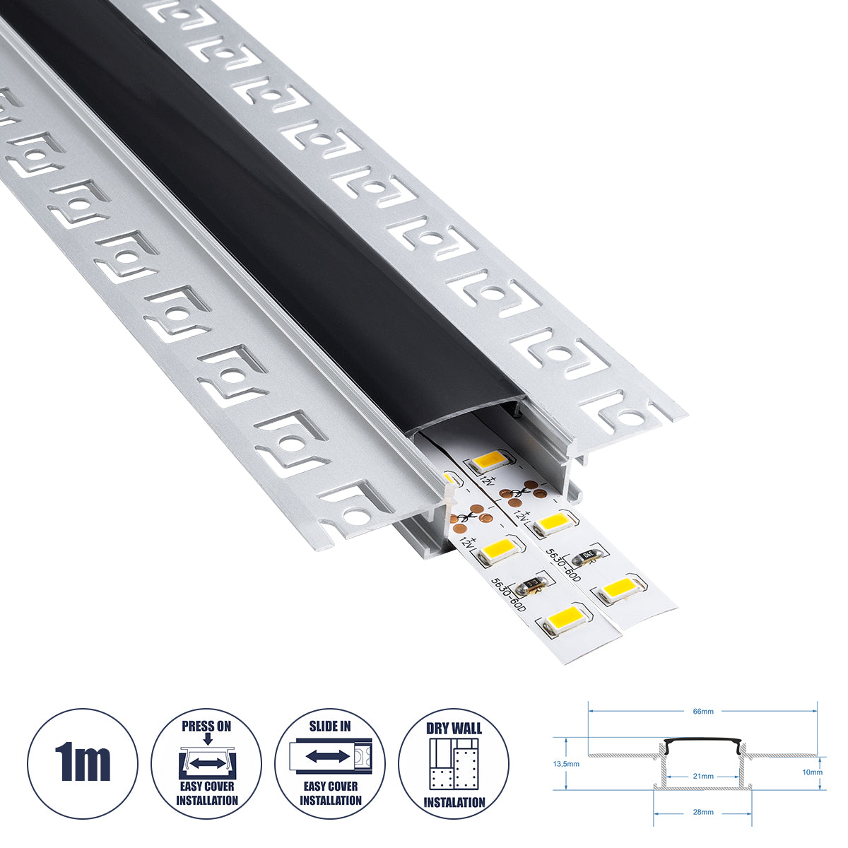 PLASTERBOARD-PROFILE 70820-1M Προφίλ Αλουμινίου - Βάση & Ψύκτρα Ταινίας LED με Μαύρο Φιμέ Κάλυμμα - Χωνευτή Χρήση σε Γυψοσανίδα - Trimless - Πατητό Κάλυμμα - Ασημί - 1 Μέτρο - Μ100 x Π6.7 x Υ1.4cm