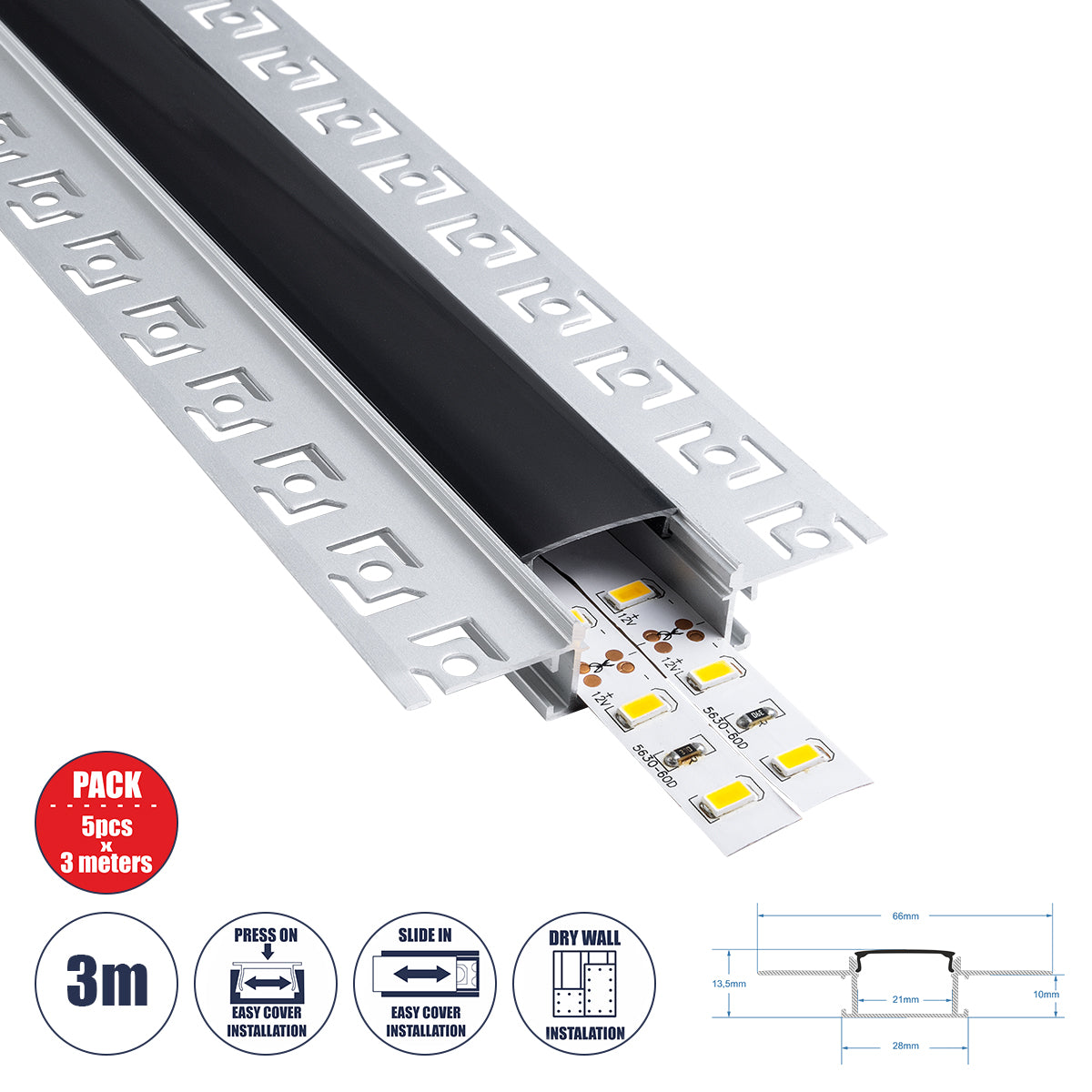 PLASTERBOARD-PROFILE 70820-3M Προφίλ Αλουμινίου - Βάση & Ψύκτρα Ταινίας LED με Μαύρο Φιμέ Κάλυμμα - Χωνευτή Χρήση σε Γυψοσανίδα - Trimless - Πατητό Κάλυμμα - Ασημί - 3 Μέτρα - Πακέτο 5 Τεμαχίων - Μ300 x Π6.7 x Υ1.4cm