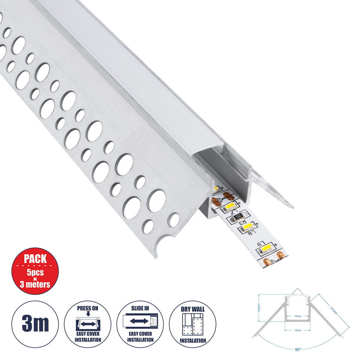 PLASTERBOARD-PROFILE 70821-3M Προφίλ Αλουμινίου - Βάση & Ψύκτρα Ταινίας LED με Λευκό Γαλακτερό Κάλυμμα - Χωνευτή Γωνιακή Χρήση σε Εξωτερική Γωνία Γυψοσανίδας - Trimless - Πατητό Κάλυμμα - Ασημί - 3 Μέτρα - Πακέτο 5 Τεμαχίων - Μ300 x Π4.5 x Υ2cm