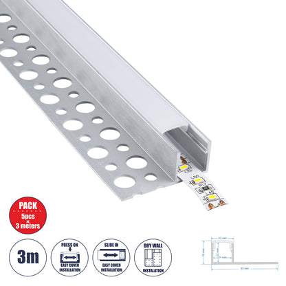 PLASTERBOARD-PROFILE 70834-3M Προφίλ Αλουμινίου - Βάση & Ψύκτρα Ταινίας LED με Λευκό Γαλακτερό Κάλυμμα - Χωνευτή Τερματική Χρήση σε Τελείωμα Γυψοσανίδας ή σε Πλακάκι - Trimless - Πατητό Κάλυμμα - Ασημί - 3 Μέτρα - Πακέτο 5 Τεμαχίων - Μ300 x Π3.1 x Υ1.3cm