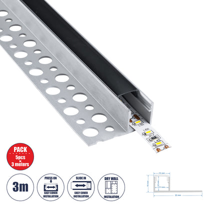 PLASTERBOARD-PROFILE 70835-3M Προφίλ Αλουμινίου - Βάση & Ψύκτρα Ταινίας LED με Μαύρο Φιμέ Κάλυμμα - Χωνευτή Τερματική Χρήση σε Τελείωμα Γυψοσανίδας ή σε Πλακάκι - Trimless - Πατητό Κάλυμμα - Ασημί - 3 Μέτρα - Πακέτο 5 Τεμαχίων - Μ300 x Π3.1 x Υ1.3cm