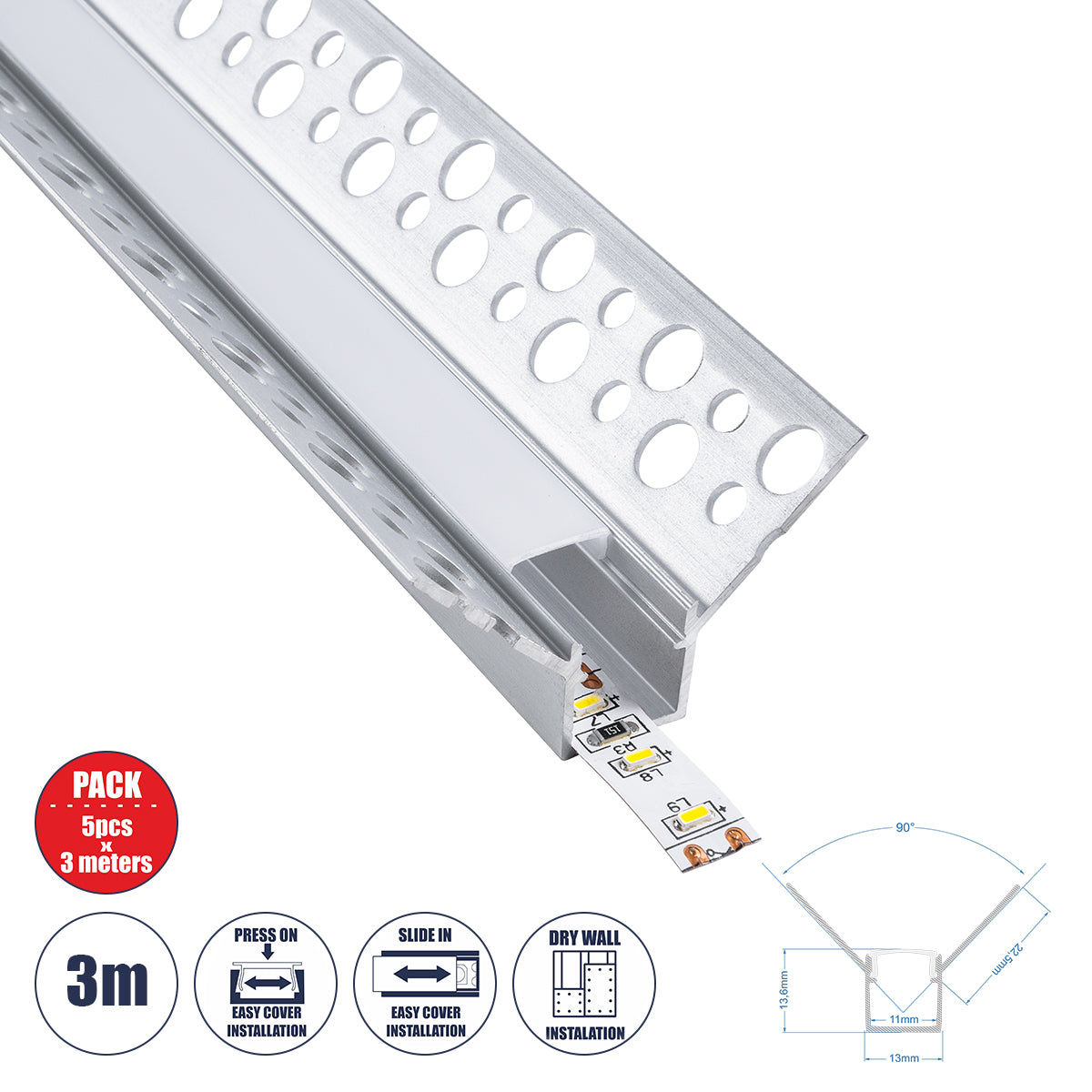 PLASTERBOARD-PROFILE 70836-3M Προφίλ Αλουμινίου - Βάση & Ψύκτρα Ταινίας LED με Λευκό Γαλακτερό Κάλυμμα - Χωνευτή Γωνιακή Χρήση σε Εσωτερική Γωνία Γυψοσανίδας - Trimless - Πατητό Κάλυμμα - Ασημί - 3 Μέτρα - Πακέτο 5 Τεμαχίων - Μ300 x Π3.1 x Υ1.3cm