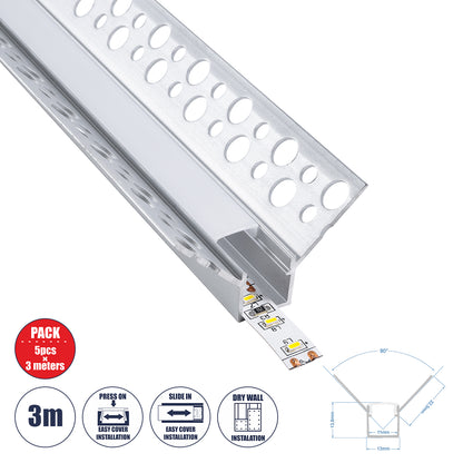 PLASTERBOARD-PROFILE 70836-3M Προφίλ Αλουμινίου - Βάση & Ψύκτρα Ταινίας LED με Λευκό Γαλακτερό Κάλυμμα - Χωνευτή Γωνιακή Χρήση σε Εσωτερική Γωνία Γυψοσανίδας - Trimless - Πατητό Κάλυμμα - Ασημί - 3 Μέτρα - Πακέτο 5 Τεμαχίων - Μ300 x Π3.1 x Υ1.3cm