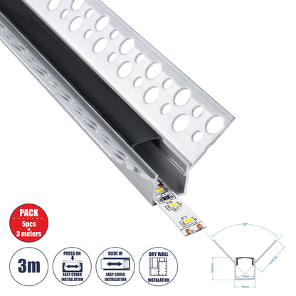 PLASTERBOARD-PROFILE 70837-3M Προφίλ Αλουμινίου - Βάση & Ψύκτρα Ταινίας LED με Μαύρο Φιμέ Κάλυμμα - Χωνευτή Γωνιακή Χρήση σε Εσωτερική Γωνία Γυψοσανίδας - Trimless - Πατητό Κάλυμμα - Ασημί - 3 Μέτρα - Πακέτο 5 Τεμαχίων - Μ300 x Π3.1 x Υ1.3cm