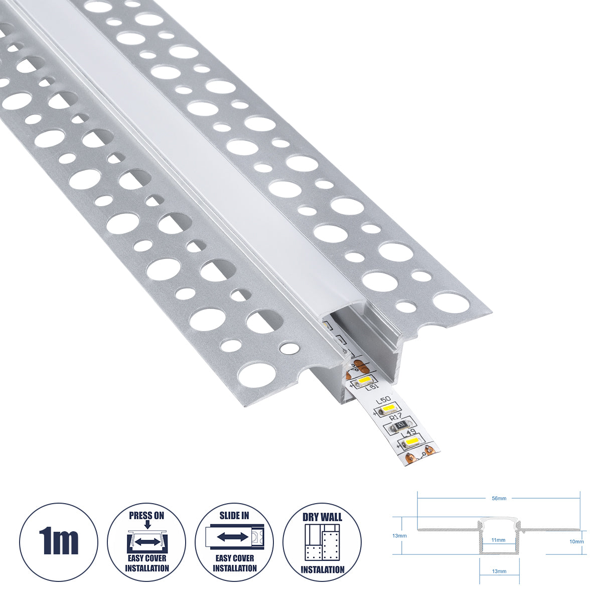 PLASTERBOARD-PROFILE 70838-1M Προφίλ Αλουμινίου - Βάση & Ψύκτρα Ταινίας LED με Λευκό Γαλακτερό Κάλυμμα - Χωνευτή Χρήση σε Γυψοσανίδα - Trimless - Πατητό Κάλυμμα - Ασημί - 1 Μέτρο - Μ100 x Π5.6 x Υ1.5cm