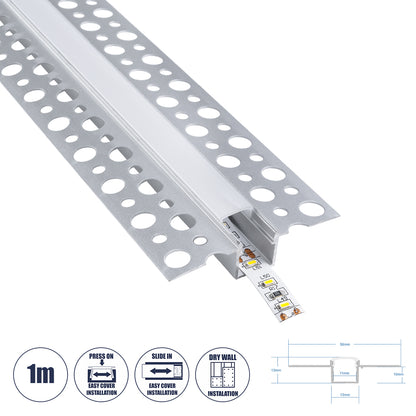 PLASTERBOARD-PROFILE 70838-1M Προφίλ Αλουμινίου - Βάση & Ψύκτρα Ταινίας LED με Λευκό Γαλακτερό Κάλυμμα - Χωνευτή Χρήση σε Γυψοσανίδα - Trimless - Πατητό Κάλυμμα - Ασημί - 1 Μέτρο - Μ100 x Π5.6 x Υ1.5cm