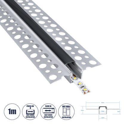 PLASTERBOARD-PROFILE 70839-1M Προφίλ Αλουμινίου - Βάση & Ψύκτρα Ταινίας LED με Μαύρο Φιμέ Κάλυμμα - Χωνευτή Χρήση σε Γυψοσανίδα - Trimless - Πατητό Κάλυμμα - Ασημί - 1 Μέτρο - Μ100 x Π5.6 x Υ1.5cm