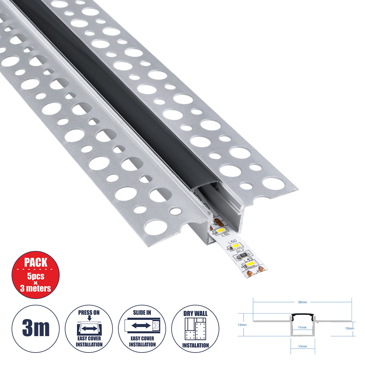 PLASTERBOARD-PROFILE 70839-3M Προφίλ Αλουμινίου - Βάση & Ψύκτρα Ταινίας LED με Μαύρο Φιμέ Κάλυμμα - Χωνευτή Χρήση σε Γυψοσανίδα - Trimless - Πατητό Κάλυμμα - Ασημί - 3 Μέτρα - Πακέτο 5 Τεμαχίων - Μ300 x Π5.6 x Υ1.5cm