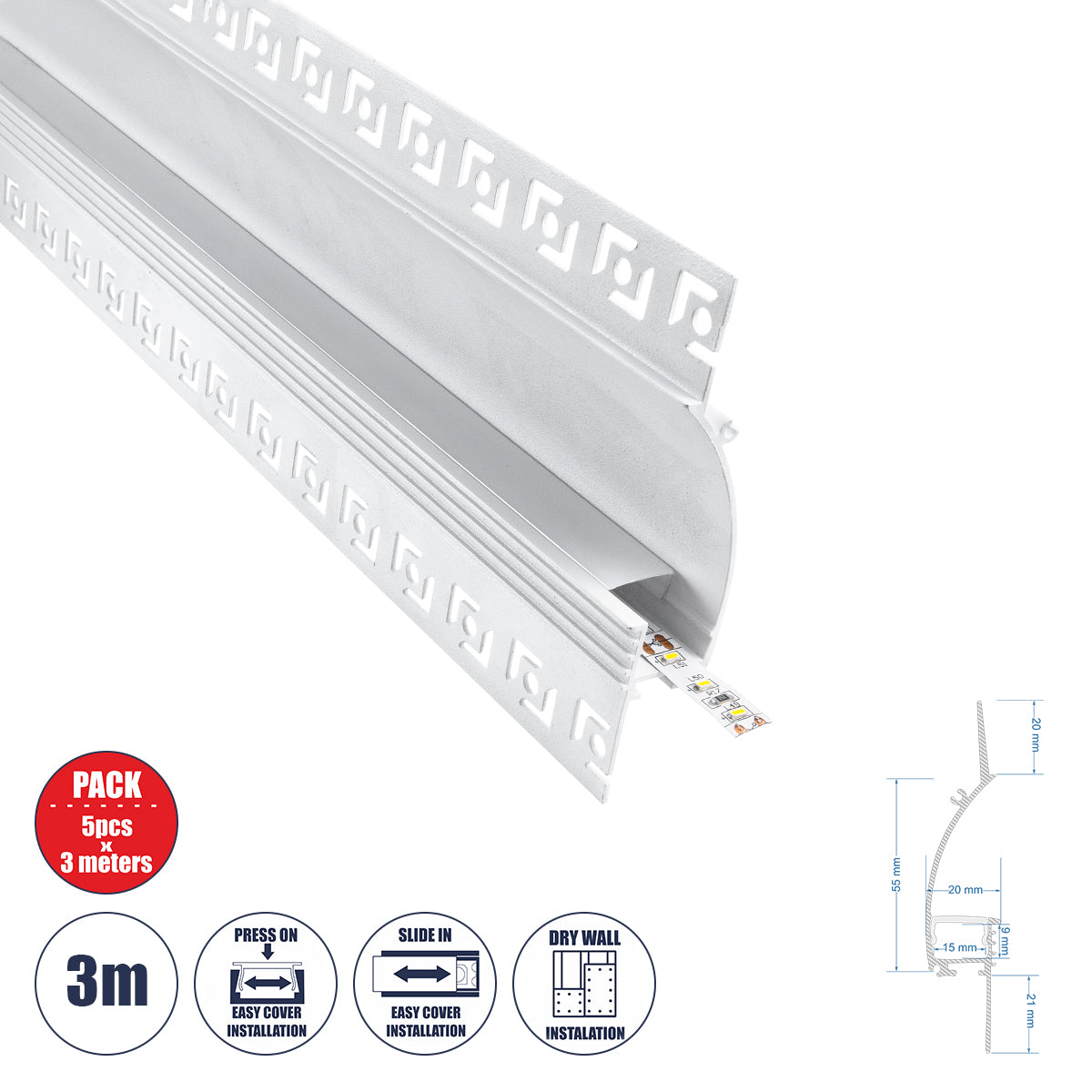 PLASTERBOARD-PROFILE 70840-3M Προφίλ Αλουμινίου - Βάση & Ψύκτρα Ταινίας LED με Λευκό Γαλακτερό Κάλυμμα - Χωνευτή Χρήση σε Γυψοσανίδα για Δημιουργία Κρυφού Φωτισμού - Trimless - Πατητό Κάλυμμα - Λευκό - 3 Μέτρα - Πακέτο 5 Τεμαχίων - Μ300 x Π9.7 x Υ2cm