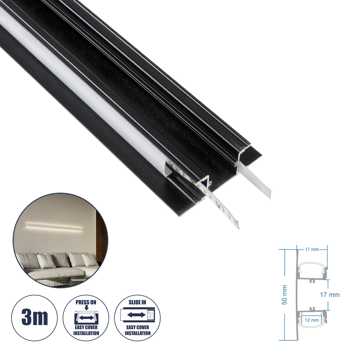 SURFACE-PROFILE 70845-3M Προφίλ Αλουμινίου - Βάση & Ψύκτρα Ταινίας LED με Λευκό Γαλακτερό Κάλυμμα - Επιφανειακή Χρήση Δημιουργίας Κρυφού Φωτισμού Πάνω/Κάτω - Πατητό Κάλυμμα - Μαύρο - 3 Μέτρα - Μ300 x Π5 x Υ1.7cm