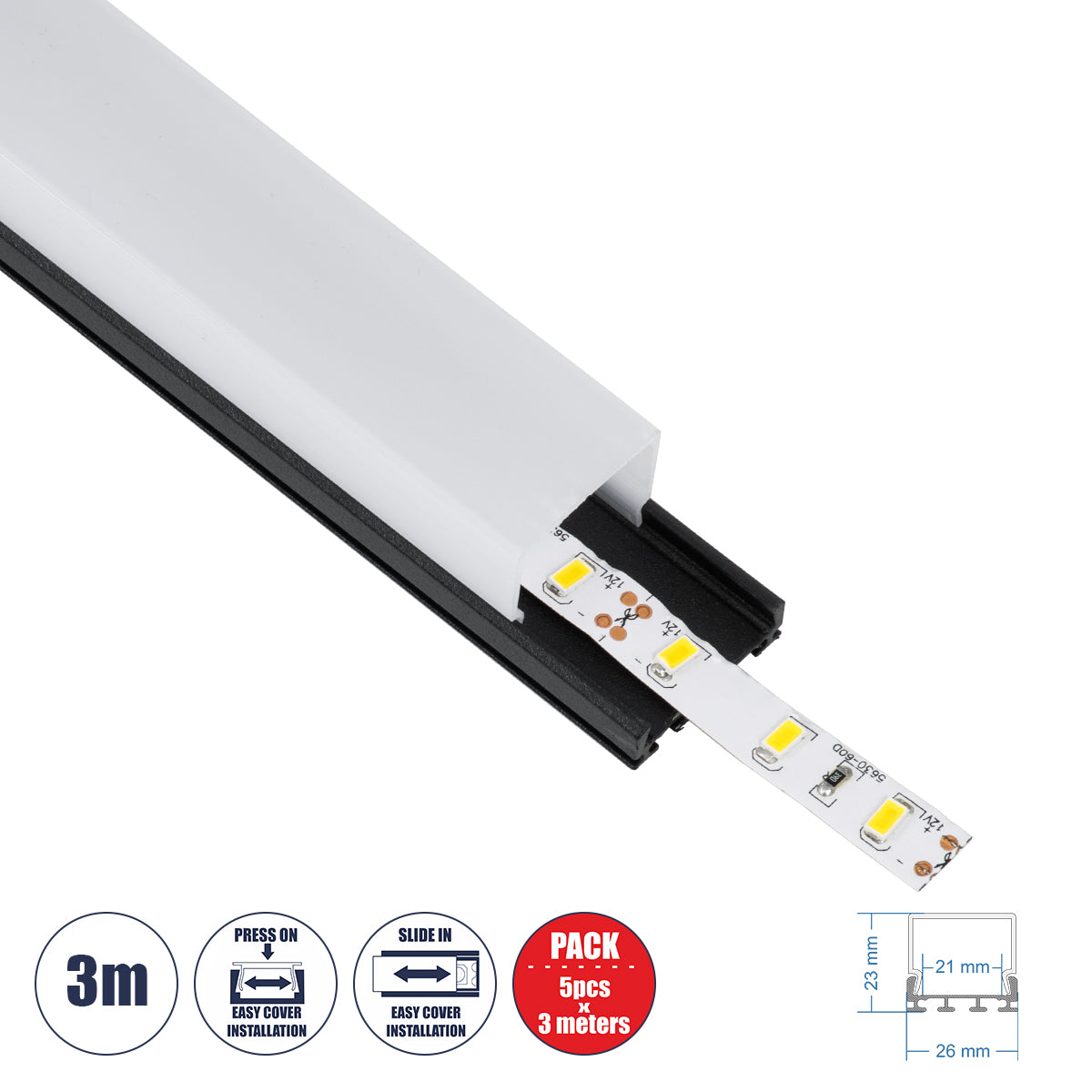 SURFACEPENDANT-PROFILE 70849-3M Προφίλ Αλουμινίου - Βάση & Ψύκτρα Ταινίας LED με Λευκό Γαλακτερό Κάλυμμα - Επιφανειακή & Κρεμαστή Χρήση - Πατητό Κάλυμμα - Μαύρο - 3 Μέτρα - Πακέτο 5 Τεμαχίων - Μ300 x Π2.6 x Υ2.3cm