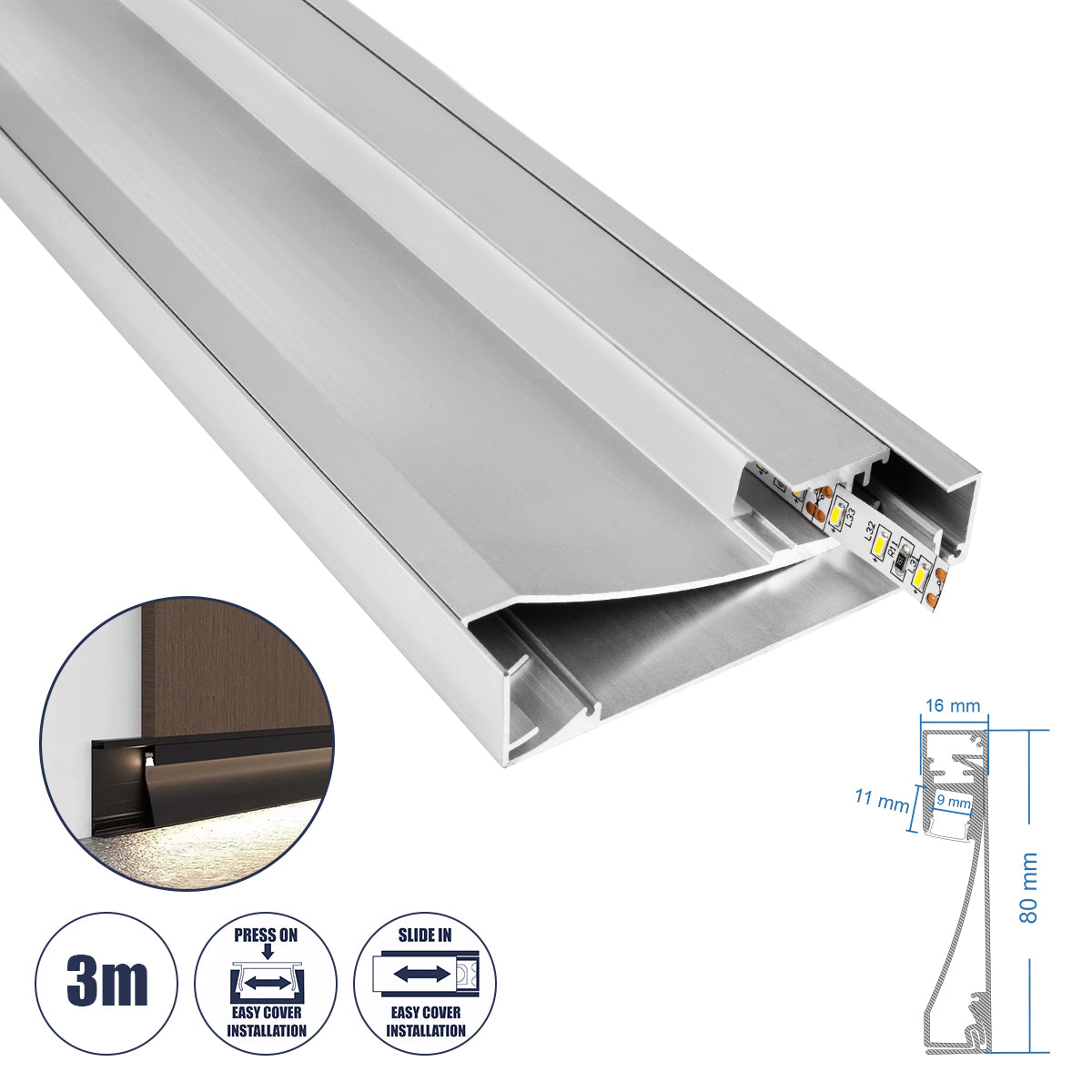 SKIRTINGBOARD-PROFILE 70850-3M Προφίλ Αλουμινίου - Βάση & Ψύκτρα Ταινίας LED με Λευκό Γαλακτερό Κάλυμμα - Επιφανειακή Χρήση για Περβάζι - Πατητό Κάλυμμα - Ασημί - 3 Μέτρα - Μ300 x Π1.6 x Υ8cm